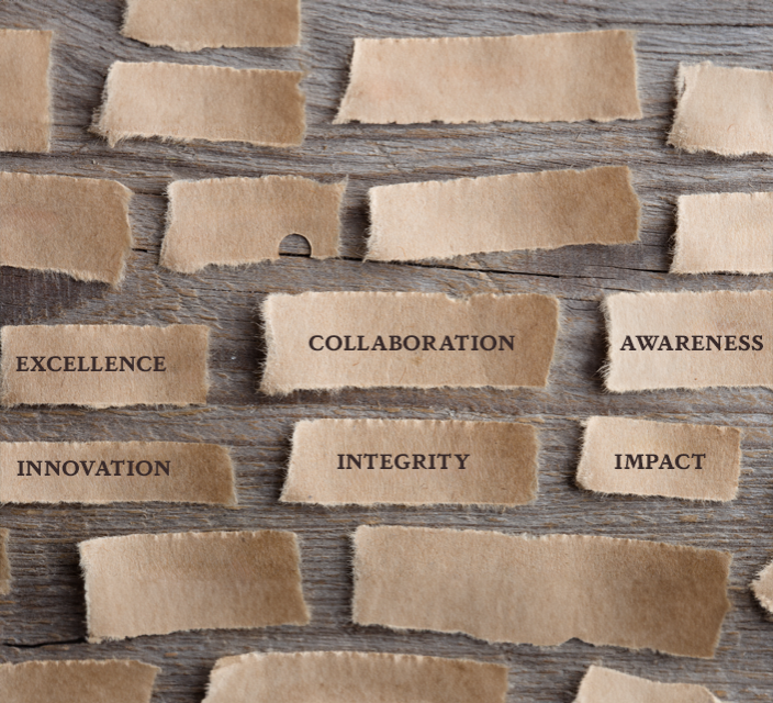 The Center's values -- Awareness, Innovation, Integrity, Collaboration, Excellence and Impact -- typed on small slips of paper